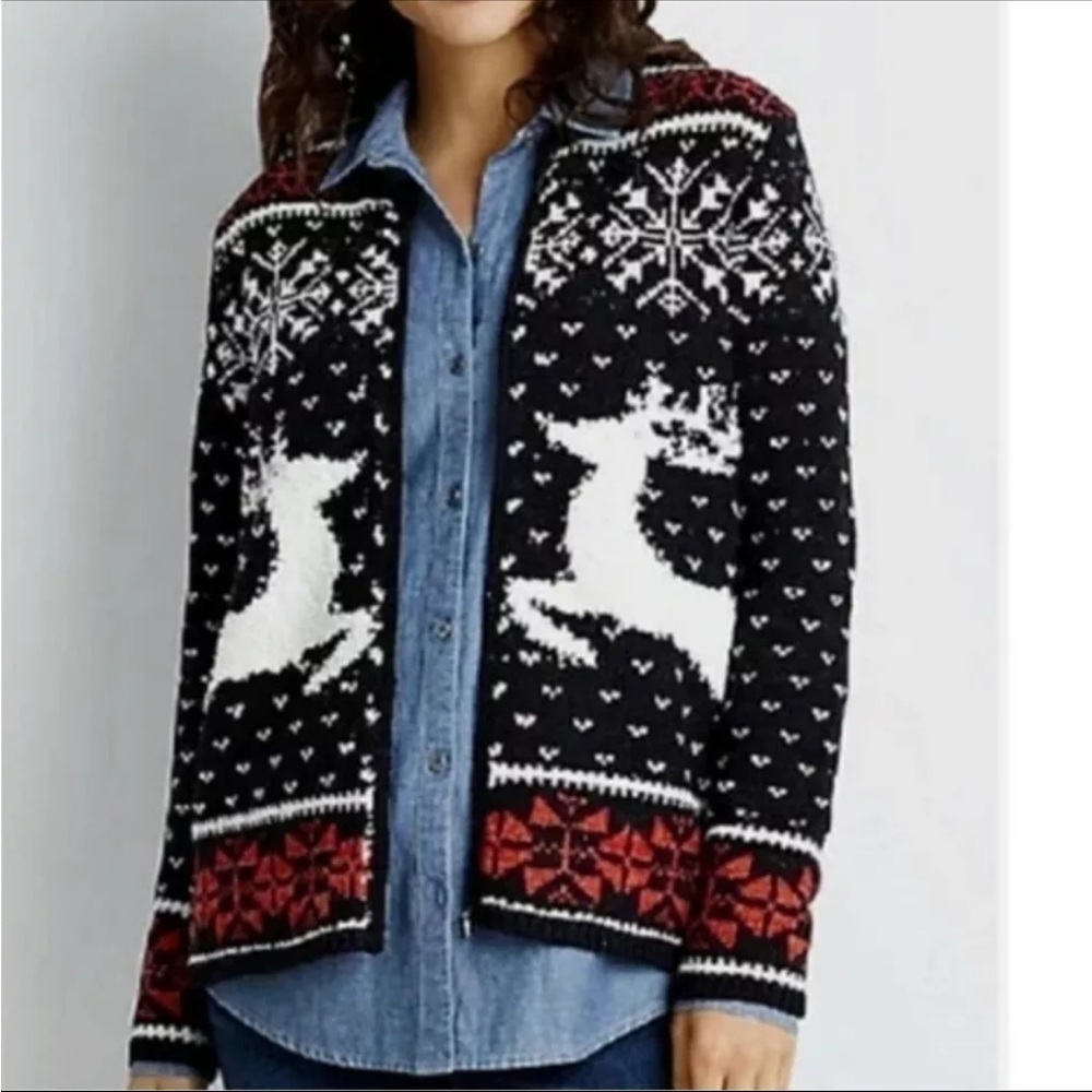 SOLD J. Jill Women's Deer Valley Holiday Reindoor Wool Blend Full Zip Sweater